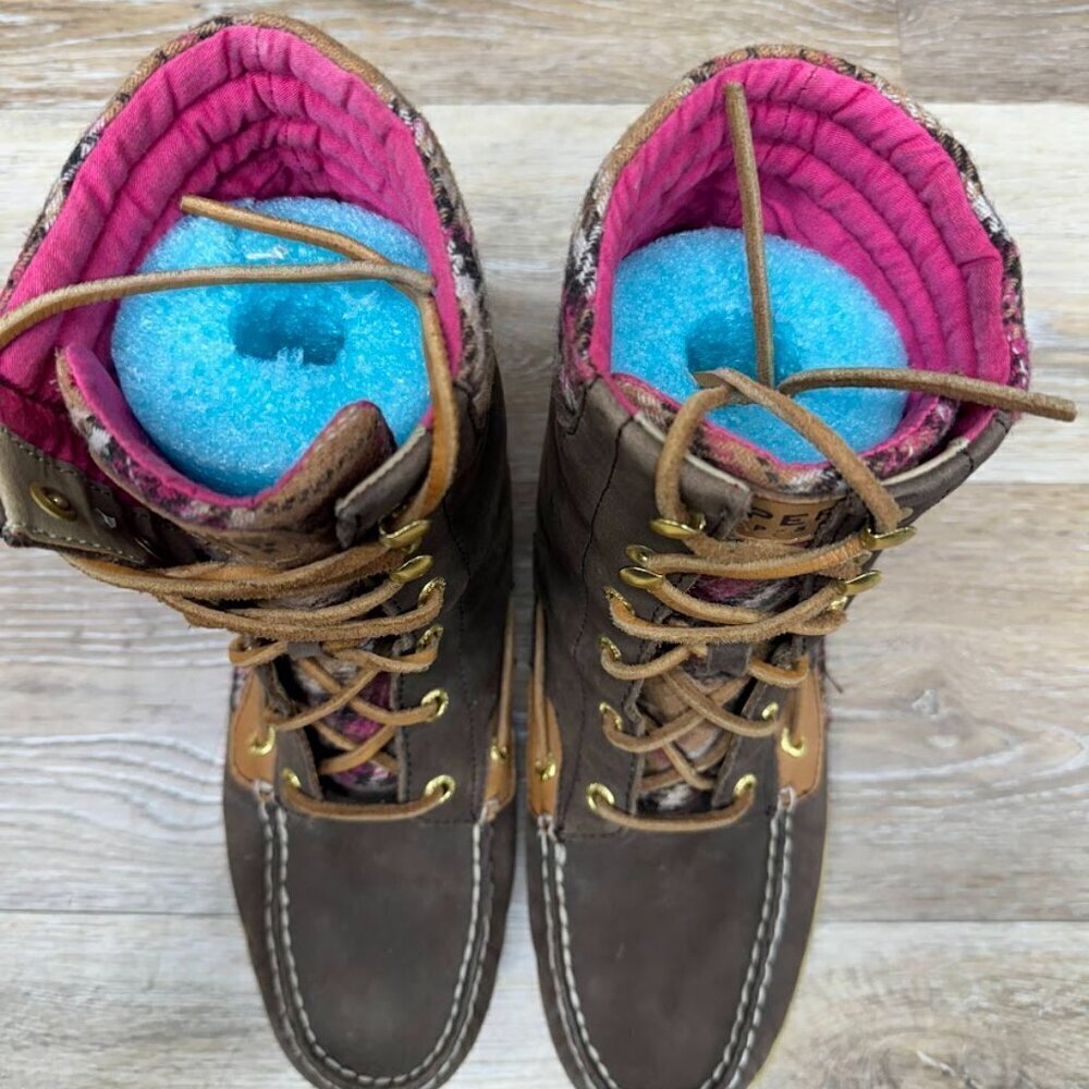 Sperry Hikerfish Brown Leather Pink Plaid Boots Women's Size 9 - Picture 2 of 6